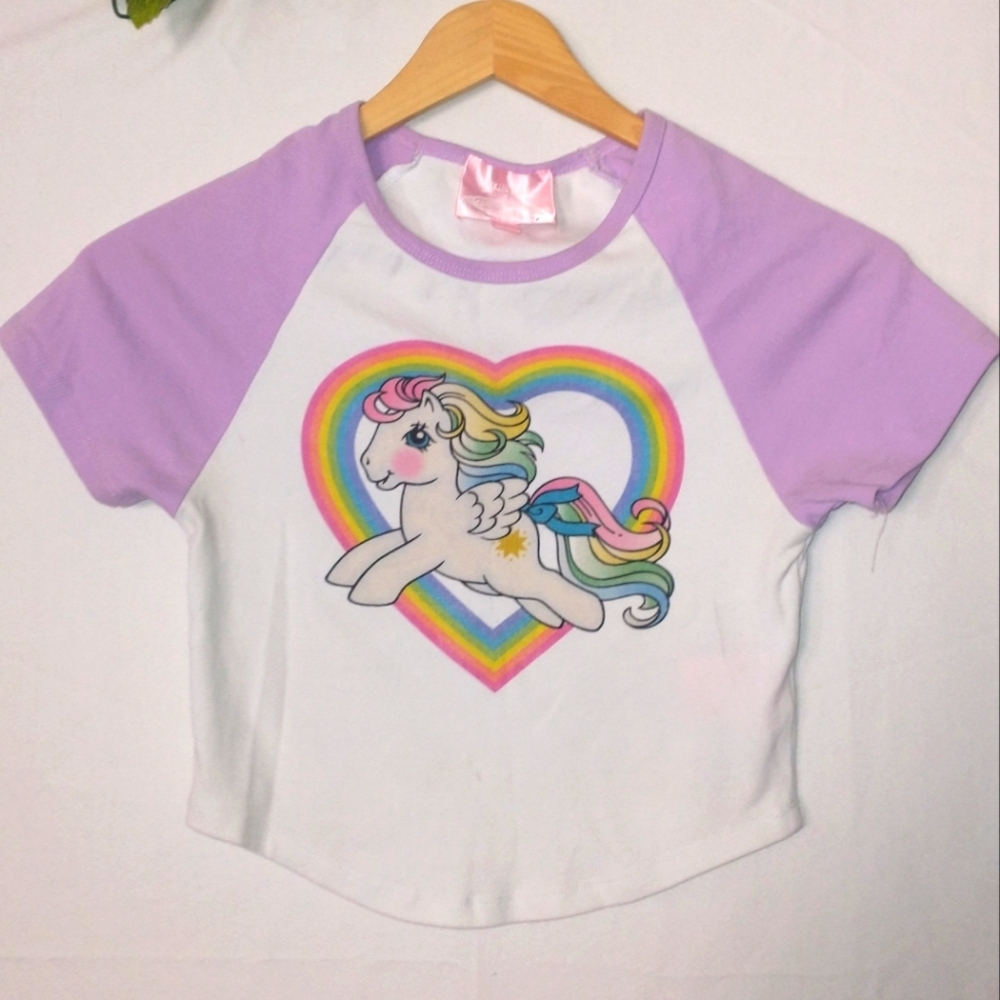 Dolls Kill Unicorn Tee - Lavender & White Raglan Crop Top Small My Little Pony